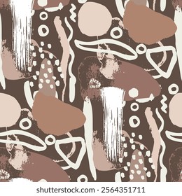 Abstract whimsical seamless pattern with hand drawn shapes on brown background. Minimalist neutral wallpaper