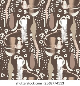 Abstract whimsical seamless pattern with hand drawn shapes on brown background. Minimalist neutral wallpaper