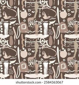 Abstract whimsical seamless pattern with hand drawn shapes on brown background. Minimalist neutral wallpaper. Modern earthy geometric backdrop