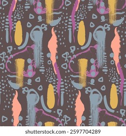 Abstract whimsical seamless pattern with hand drawn shapes on brown background. Minimalist neutral wallpaper