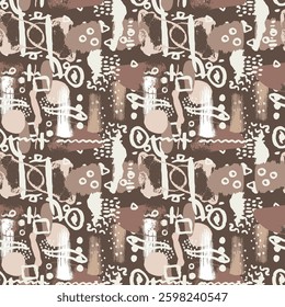 Abstract whimsical seamless pattern with hand drawn shapes on brown background. Minimalist neutral wallpaper