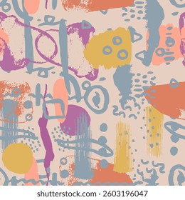 Abstract whimsical seamless pattern with hand drawn shapes on beige background. Minimalist neutral wallpaper