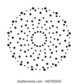Abstract whirligig, distress texture.Circle with halftone dots isolated on white. chaotic dots pattern. Screen printing pattern. Abstract vortex. Circular pop art. 