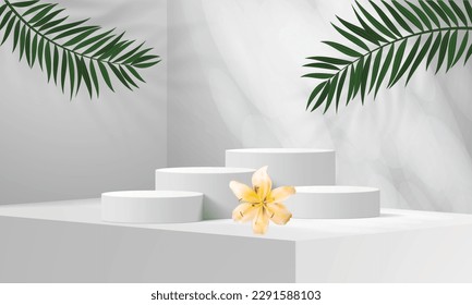 Abstract white 3D background product display podium scene with leaf platform. Minimal scene for product display presentation.