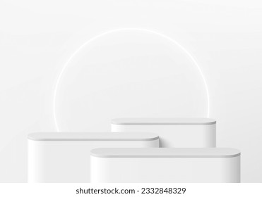 Abstract white 3d background with set of round podium or stand product display and neon ring. Podium scene product display or mockup. Vector rendering. Design for advertise product. Stage showcase.