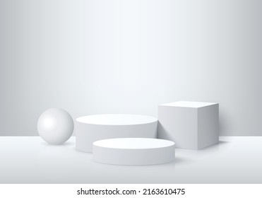 Abstraktes weißes 3D-Display mit geometrischem Podium. Produktpräsentation, zeigen Sie kosmetische Produkte. Hintergrund, Vektorgeometrisches 3D-Studio-Konzept.