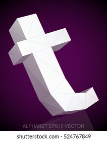 Abstract White 3D polygonal lowercase letter T with reflection. Low poly alphabet collection. EPS 10 vector illustration.