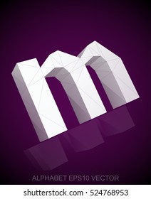 Abstract White 3D polygonal lowercase letter M with reflection. Low poly alphabet collection. EPS 10 vector illustration.