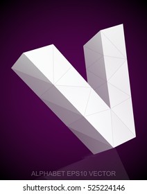 Abstract White 3D polygonal lowercase letter V with reflection. Low poly alphabet collection. EPS 10 vector illustration.