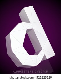 Abstract White 3D polygonal lowercase letter D with reflection. Low poly alphabet collection. EPS 10 vector illustration.