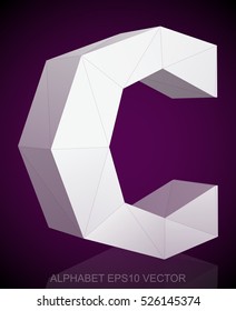 Abstract White 3D polygonal lowercase letter C with reflection. Low poly alphabet collection. EPS 10 vector illustration.
