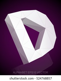 Abstract White 3D polygonal uppercase letter D with reflection. Low poly alphabet collection. EPS 10 vector illustration.