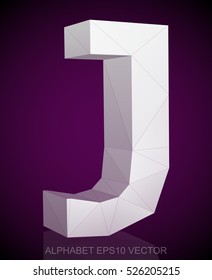 Abstract White 3D polygonal uppercase letter J with reflection. Low poly alphabet collection. EPS 10 vector illustration.