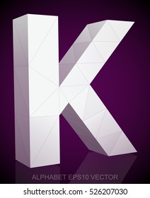 Abstract White 3D polygonal uppercase letter K with reflection. Low poly alphabet collection. EPS 10 vector illustration.