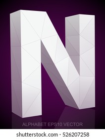 Abstract White 3D polygonal uppercase letter N with reflection. Low poly alphabet collection. EPS 10 vector illustration.