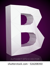 Abstract White 3D polygonal uppercase letter B with reflection. Low poly alphabet collection. EPS 10 vector illustration.