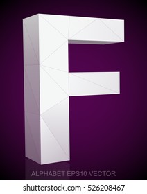 Abstract White 3D polygonal uppercase letter F with reflection. Low poly alphabet collection. EPS 10 vector illustration.
