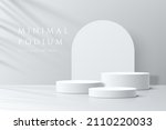 Abstract white 3D room with realistic white cylinder pedestal podium set and palm leaf shadow overlay. Minimal scene for product display presentation. Vector geometric platform. Stage for showcase. 