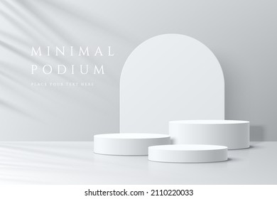 Abstract white 3D room with realistic white cylinder pedestal podium set and palm leaf shadow overlay. Minimal scene for product display presentation. Vector geometric platform. Stage for showcase.  - Shutterstock ID 2110220033