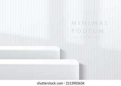 Abstract white 3D room with realistic white cube shape stand or podium set and window lighting. Minimal scene for product display presentation. Vector geometric platform design. Stage for showcase.