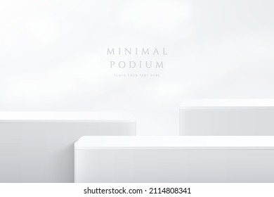 Abstract white 3D room with realistic white cube shape stand or podium set. Minimal wall scene for product display presentation. Vector geometric platform design. Stage for showcase. Simple and clean.