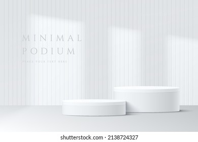 Abstract white 3D room with realistic white cylinder pedestal podium set and window shadow overlay. Minimal scene for product display presentation. Vector mock up geometric forms. Stage for showcase.  - Shutterstock ID 2138724327