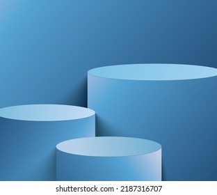 Abstract white 3D room with realistic white cylinder pedestal podium set and palm leaf shadow overlay. Minimal scene for product display presentation. Vector geometric platform. Stage for showcase.