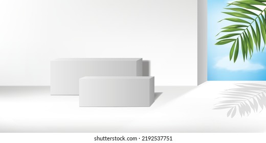 Abstract white 3D room with realistic white box pedestal podium and leaves design template. use for cosmetic presentation background.