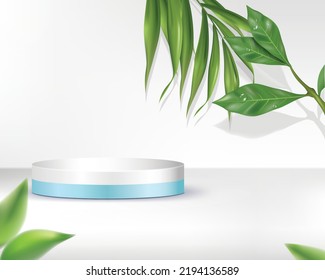 Abstract white 3D room with realistic blue and white cylinder pedestal podium and palm leaves design template. use for cosmetic presentation background.3D illustration template.