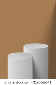 Resumen de habitación 3D blanca con un juego de podio peatonal con cilindro blanco realista y sombra de hojas de palma. Escena mínima para la presentación del producto. Plataforma geométrica vectorial. Escenario para el escaparate.