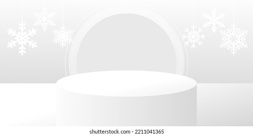 Abstract white 3D room with realistic white cylinder pedestal podium set and snowflakes. Minimal winter scene for product display presentation. Vector geometric platform. Stage for showcase.