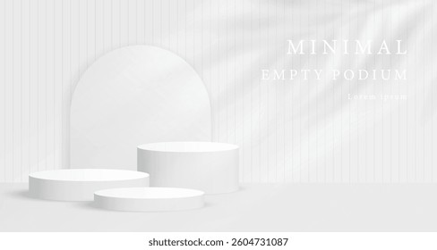 Abstract white 3D room with realistic white cylinder pedestal podium set and palm leaf shadow overlay. Minimal scene for product display presentation. Vector geometric platform. Stage for showcase.