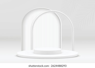 Abstract white 3D room with realistic white cylinder pedestal podium set and palm leaf shadow overlay. Minimal scene for product display presentation. Vector geometric platform. Stage for showcase.