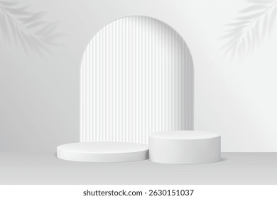 Abstract white 3D room with realistic white podium set. Minimal scene for product display presentation. Vector geometric platform. Stage for showcase.