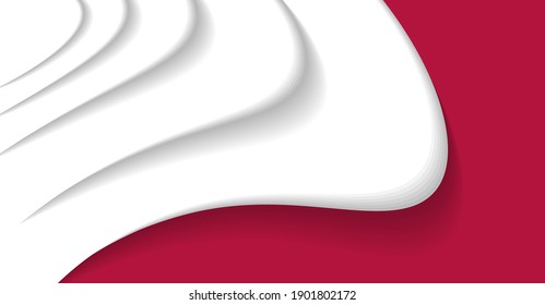 Abstract white 3d waves flowing on red backdrop, plastic white shape, play of light and shadow, presentation cover