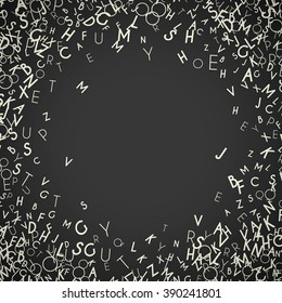 Abstract white alphabet ornament frame isolated on black background. Vector illustration for education writing design. Random letters flying around. Alphabet book concept for grammar school