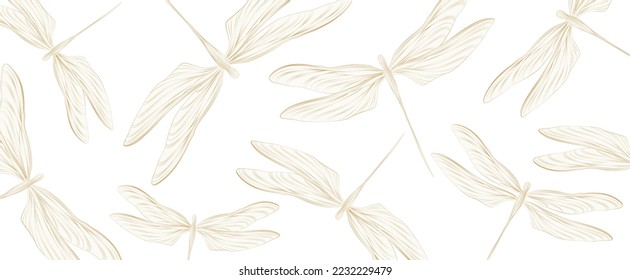 Abstract white art background with dragonfly pattern in gold art line style. Hand drawn vector banner for wallpaper design, decor, print, textile, interior design, packaging.