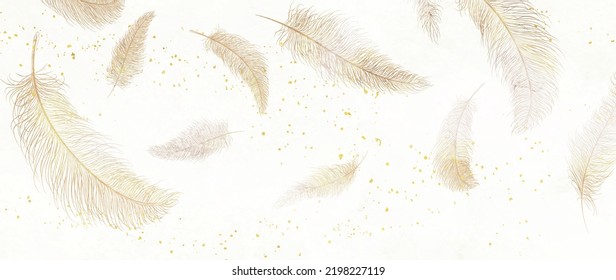 Abstract white art background with feathers in golden line style. Hand drawn vector banner for wallpaper design, packaging, textile, decor, print.