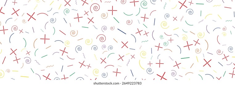 Fundo branco abstrato com uma dispersão divertida de formas de cores primárias, incluindo cruzes vermelhas brilhantes, curvas espirais dinâmicas e várias linhas curtas em um padrão alegre e aleatório.