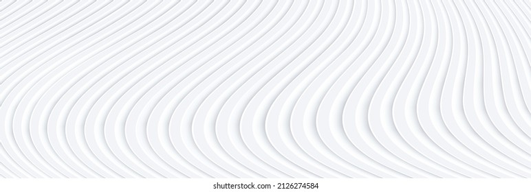 Abstract white background with 3D waves pattern, interesting minimal white gray neumorphism striped vector background illustration for business presentation.