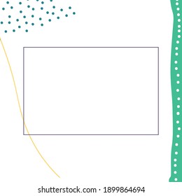 Abstract white background with black frame for text. Abstract green dots, lines on a white background. Vector. Quote text info design. Template for social networks stories and posts.