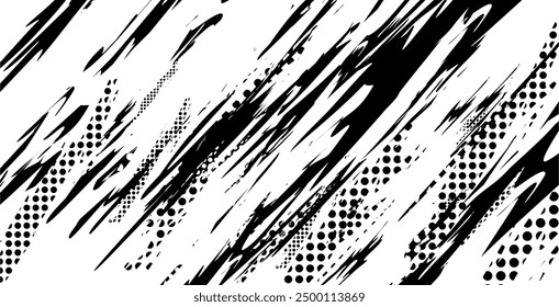 abstract white background with black grunge brush lines and halftone