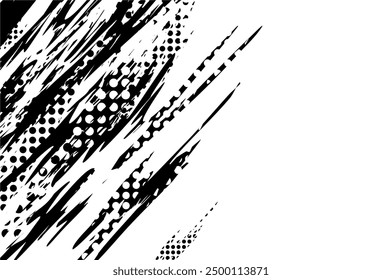 abstract white background with black grunge brush lines and halftone