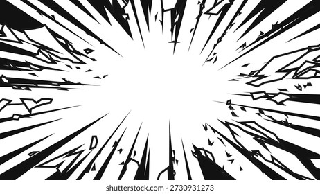 Abstract white background with black jagged radial explosion lines creating intense comic style burst effect. Dynamic manga speed lines with sharp shards and cracks, dramatic impact and energy, suitable for action scenes, power, shock, motion, and emphasis designs.