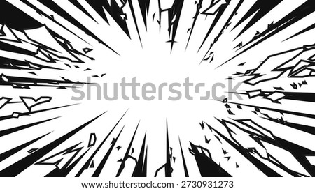 Abstract white background with black jagged radial explosion lines creating intense comic style burst effect. Dynamic manga speed lines with sharp shards and cracks, dramatic impact and energy, suitable for action scenes, power, shock, motion, and emphasis designs.