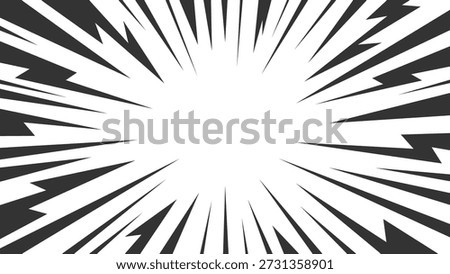 Abstract white background with black radial speed lines forming classic comic style burst effect. Dynamic motion lines creating strong focus in the center, suitable for manga, anime, action scenes, impact, energy, power, and emphasis designs.