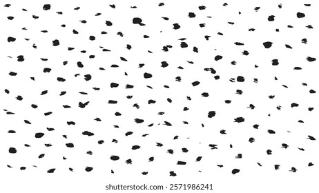 Abstract white background with black spots drawn by hand, pattern with black prints drawn in ink, imitation of snowfall, grunge style, New Year texture for print, wrapping paper, design, gift