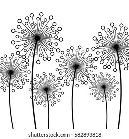 Abstract white background with black stylized decorative dandelions. Floral stylish trendy wallpaper with summer or spring flowers. Modern backdrop. Beauty of nature. Vector illustration