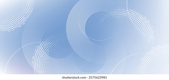 Abstract white background with blue circle lines. halftone dots decoration. Modern banner template. Digital future technology concept.