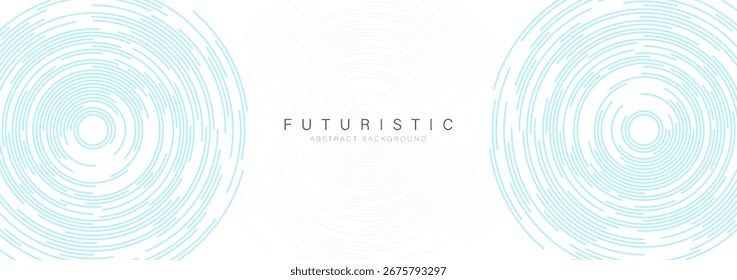 Abstrakter weißer Hintergrund mit blauen kreisförmigen Linien. Konzentrischer Kreis. Runde Linien. Futuristisches Technologiekonzept. Vorlage für horizontale Banner. Vektorgrafik